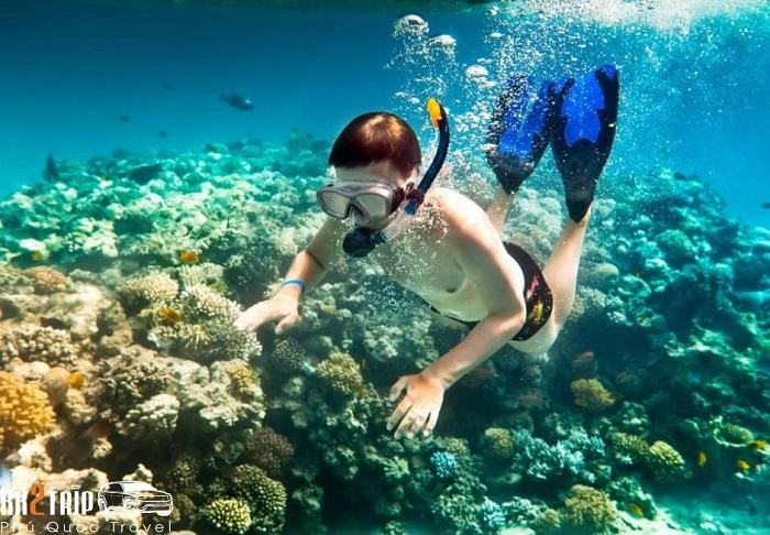 Snorkelling amongst the coral reefs at Hon Gam Ghi, Phu Quoc